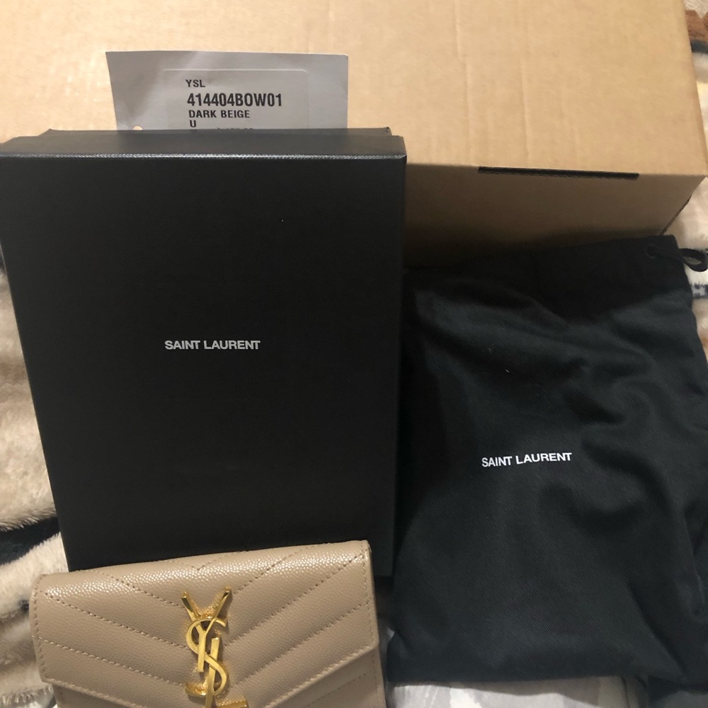 Saint Laurent Dark Beige Quilted Wallet with Gold YSL Hardware